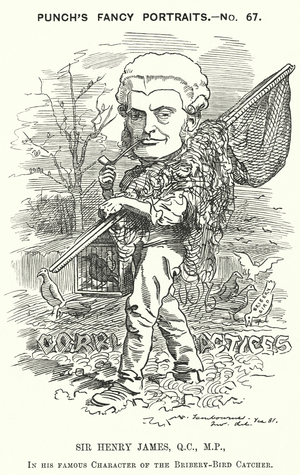 Punch cartoon: Sir Henry James, 1st Baron James of Hereford, Anglo-Welsh lawyer and politician (engraving)