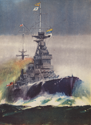 One of the Royal Navy's new new King George V Class battleships (colour litho)