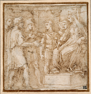 Dido receiving the Trojans in audience, study for a border scene of the 'Quos ego' engraving, 1516 (pen & ink on paper)