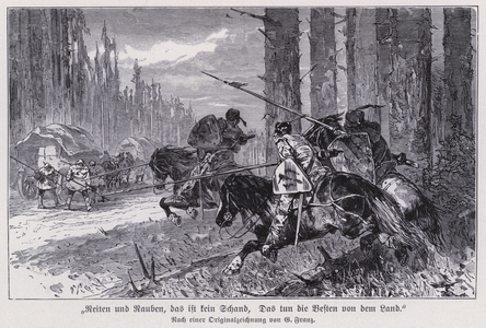 Raid on a wagon train by medieval robber knights (engraving)