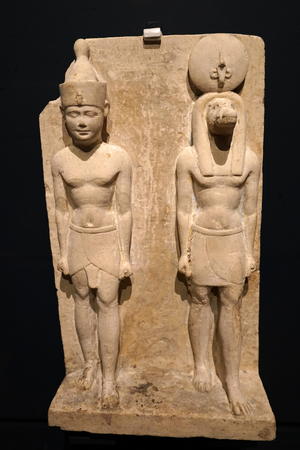 Limestone carving of Pharaoh and Sobek