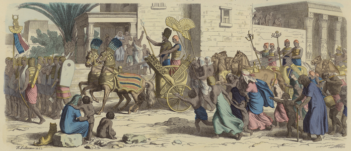 An Ancient Egyptian pharaoh setting off for war (coloured engraving)