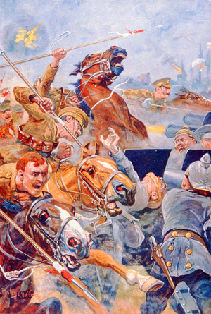 The Charge of the 9th Lancers during the Retreat from Mons (colour litho)