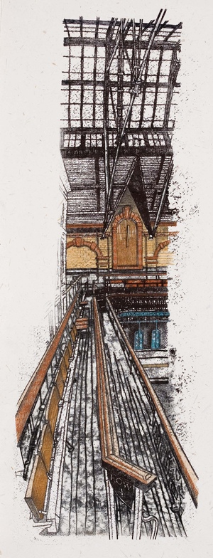 Row A, 2007 (monotype print on paper with pen & pencil drawing, linocut & collage)