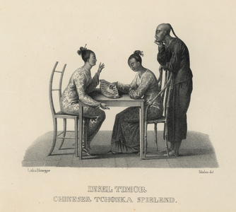 Chinese women playing a game of congkak, Timor (litho)