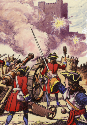 Carrickfergus Castle under siege (gouache on paper)