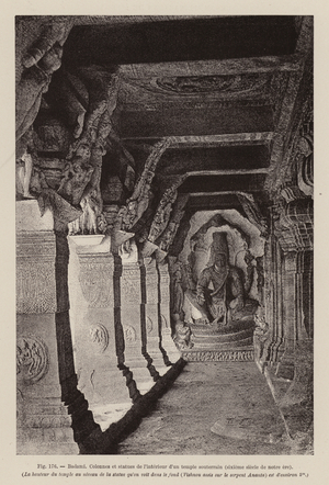 Columns and statue of Vishnu in one of the cave temples of Badami, India (rotogravure)