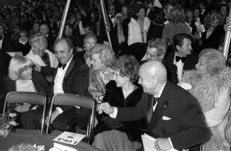 The Gala of Union of Artists, Paris, May 23, 1975 : Daniele Gilbert, Pierre Tchernia (b/w photo)