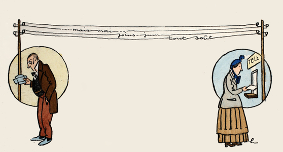 Sending and receiving a telegram (pochoir print)