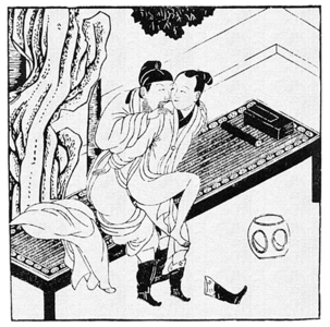 China: 'The Way of the Academicians'. Satirical image onf two gay men making love, from the 'Hua Ying Chin Chen' (Variegated Positions of the Flower Battle),  Ming dynasty (1368-1644)
