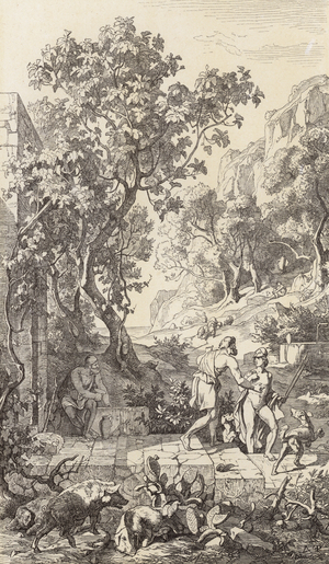 Odysseus and Telemachus at the hut of Eumaeus (engraving)