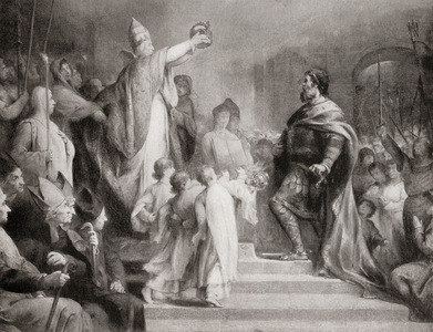 The Coronation of Charlemagne as Roman Emperor in 800 by Pope Leo III on Christmas Day, from 'Hutchinson's History of the Nations', pub. 19151915 (engraving)