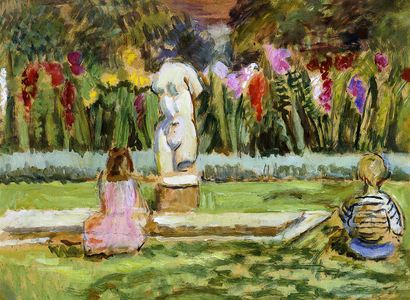 Henrietta and Julian by the Garden Pool at Charleston, 1958 (oil on board)