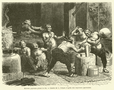 Mitrons japonais pilant le riz (engraving)