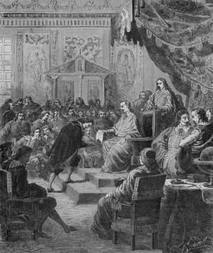 Richelieu hands over the letters patent creating the French Academy, 1636 (Engraving)