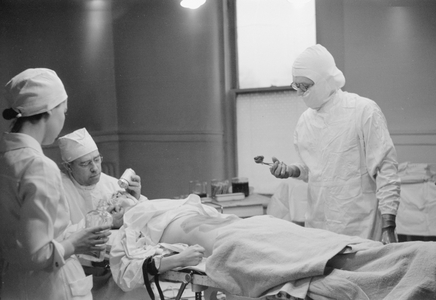 Patient being prepared for operation, Herring Hospital (private), Herrin, Illinois, 1939 (b/w photo)