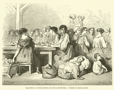 Cigarreras au travail, fabrica de tabacos de Seville (engraving)