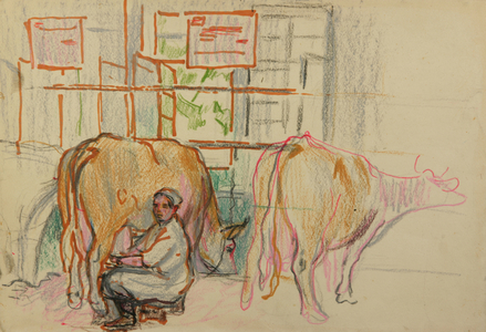 Milking the Cows, 1958 (gouache & pastel on paper)
