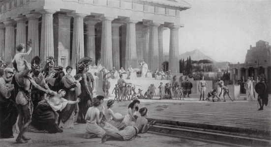 Spartan mothers watching the Diamastigosis, the ceremony where, upon reaching the age of eight, their sons would be publicly whipped before the altar of Lycurgus (litho)