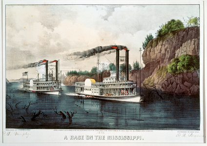 A steamboat-race on the Mississippi (coloured print)