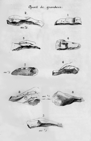 silex tools of diluvium found by Jacques Boucher de Perthes (1788-1868) in Somme (France), engraving
