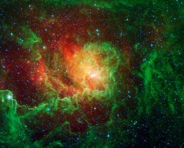 Swirling dust clouds and bright newborn stars dominate the view in this image of the Lagoon nebula from NASA's Spitzer Space Telescope. Also known as Messier 8 and NGC 6523, astronomers estimate it to be between 4000 and 6000 light years away, lying in the general direction of the center of our galaxy in the constellation Sagittarius.