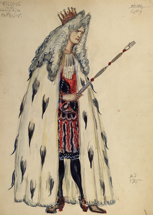 Costume design for the play 'l'Avocat Patelin' by David Augustin de Brueys and Jean de Palaprat, 1915 (w/c, gouache & gold on paper)