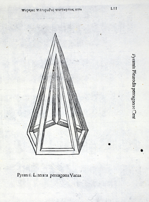Pyramis laterata pentagona vacua, illustration from 'Divina Proportione' by Luca Pacioli (c.1445-1517), originally pub. Venice, 1509 (litho)
