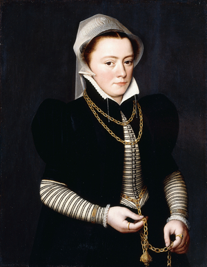 Portrait of a Lady, Standing, small three-quarter Length, Wearing a Striped Bodice and Black Coat, Holding a Pomander on a Gold Chain,  (oil on panel)