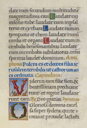 Text page from the Hours of the Virgin. Song of Solomon 6, 8, with initial 'V'. A hymn beginning with initial 'O'. Both initials formed of branches against a scenic background