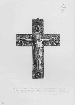 Victoria And Albert Museum: Cross, cedar wood, covered with gold filigree work, the figure in walrus ivory, the label and emblems of the Evangelists of cloisonne enamel, Byzantine, 10th century (engraving)