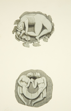 Two groin stones in ceiling on entering the north door of Bristol Cathedral (w/c on paper)