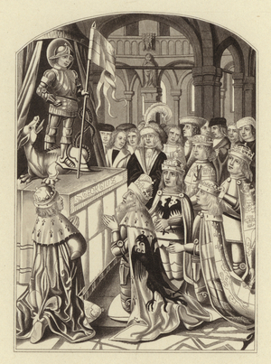 Sovereigns of Europe worshipping Saint George (engraving)