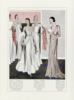 Design for Evening Dresses by Depouy-Magnin, Worth, and Redfern, from Art, Gout, Beaute, pub. 1931 (colour litho)