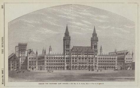 Design for Proposed Law Courts, by Mr G G Scott, RA, View in the Strand (engraving)