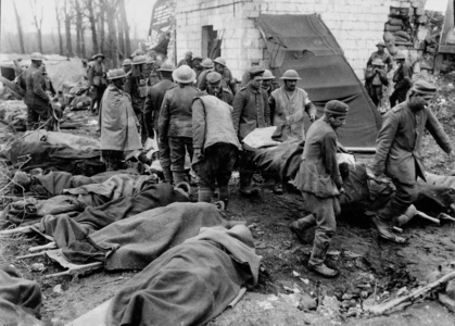 Outside an advanced dressing station, 1916-17 (b/w photo)