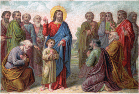 Religion. New Testament. "Who is te biggest in the Kingdom of Heaven?." (Gospel of Matthew, 18, 1-5, 10). Jesus Christ and the child. Imagery, France, c.1890 (print)