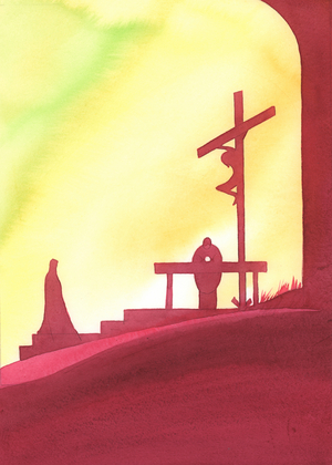 The Mass is like a window into time, through which we are present to the Saving Sacrifice of Christ, as Mary looks on, 2000 (w/c on paper)