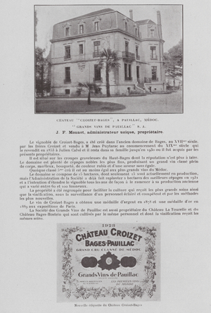 Chateau "Croizet-Bages", A Pauillac, Medoc, "Grands Vins de Pauillac" SA, J F Monnot, administrateur unique, proprietaire (b/w photo)