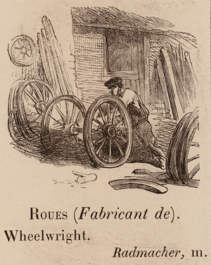Le Vocabulaire Illustre: Roues (Fabricant de); Wheelwright; Radmacher (engraving)