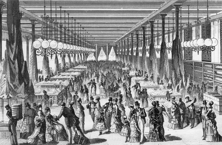 Silk section of famous parisian department store Au Bon Marche, 1878, engraving