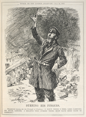 'Burning his fingers'. Bolshevist (posing for the triumph of freedom). "I don't think I feel like carrying on much longer. I believe this cursed thing must have been made in Germany".
