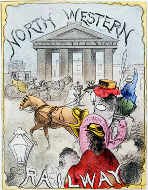 London terminus of the North Western Railway, showing busy scene with people and a Hansom cab in front of Euston Arch. Hand-coloured lithograph from a railway boardgame c1860.