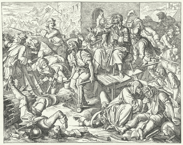 The wounded Count Ernst Rudiger von Starhemberg among the defenders of Vienna, 1683 (engraving)