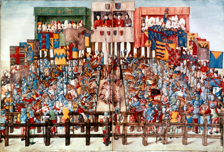 Tournament: gathering of the tournoyeurs is an illumination extracted from the manuscript entitled "the book of the tournaments" writes by Rene of Anjou, dating 1488-1489