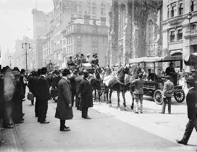 Pedestrians Waiting for the Belmont Coach, New York City, USA, c.1905 (b/w photo)