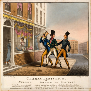 Characteristics, or England, Ireland and Scotland, print made by George Hunt, 1827 (hand-coloured engraving)