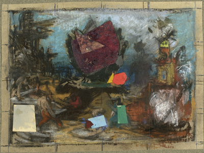 Study for The Rock, 1943-48 (collage composed of coloured pastels, charcoal, black chalk, and cut-out painted elements of wove paper on tan tracing paper, squared in graphite and charcoal, tipped onto tannish-green wove paper)