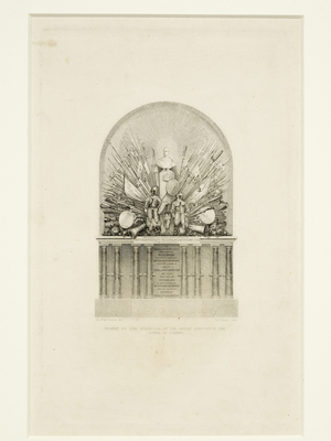 Trophy on the staircase of the Great Armoury in the Tower of London, mid 19th century, 1831-1870 (engraving)