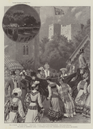 The Queen at Carisbrooke Castle, a Picturesque Royal Fete, Procession of Gipsies passing Her Majesty (litho)